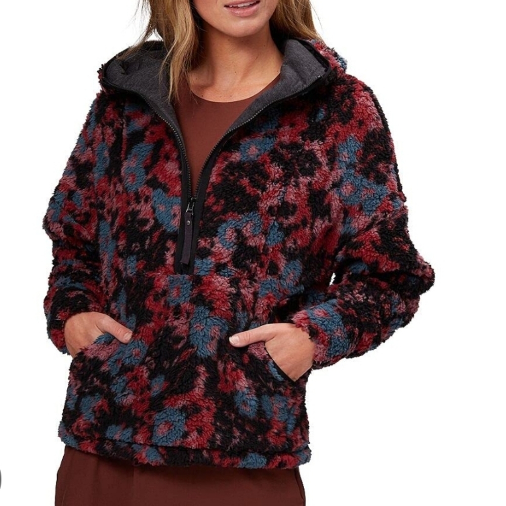 Prana Women Medium Polar Escape Fuzzy Hoodie Half Zip Kangaroo Pocket Flower